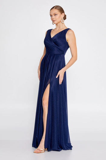 DORİDORCA Women's Plus Size Glitter Detailed Sleeveless Maxi Evening Dress 6111 Navy Blue