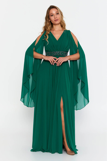 DORİDORCA Women's Plus Size V-Neck Maxi Evening Dress 6021 Emerald