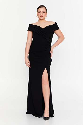 DORİDORCA Women's Deep Slit Long Evening Dress 5927010 Black