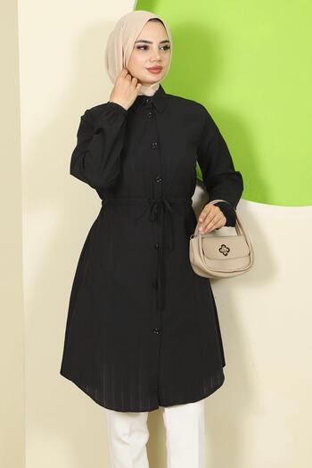 hafsamina Summer Tie Waist Tunic Black Hm2811