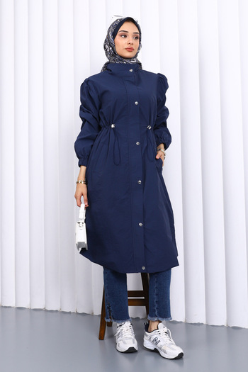 İmajButik Navy Blue Trench Coat with Snap Buttons and Elastic Waist