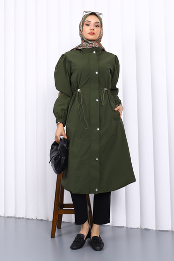 İmajButik Khaki Trench Coat with Snap Buttons and Elastic Waist