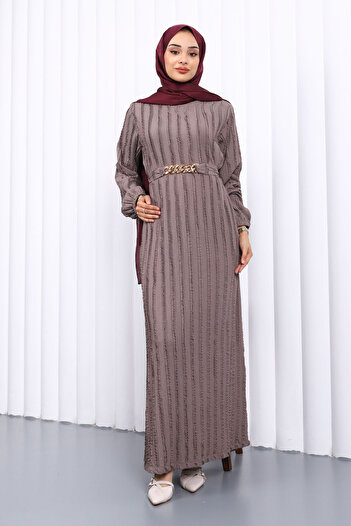 İmajButik Gray Belted Ribbed Dress with Ruffle Details
