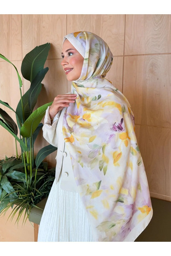 Nûda - Tarzın Değil , Tavrın Zarafeti Mira Silk Retro Pattern Cotton Soft Shawl Women Yellow Lilac