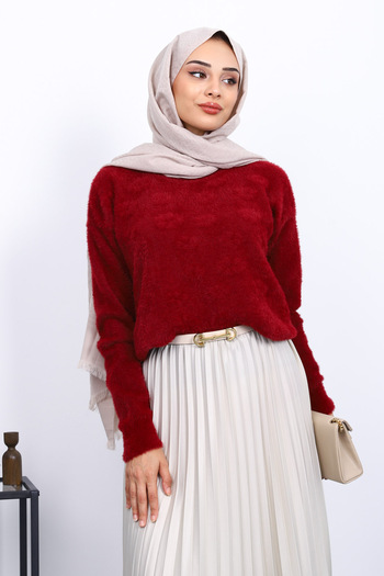 İmajButik Burgundy Crew Neck Angora Soft Knit Sweater