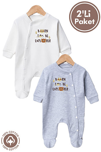 Miniel Unisex Born to Be Printed 0-6 Months Combed Organic Cotton Baby Rompers with Booties Set of 2
