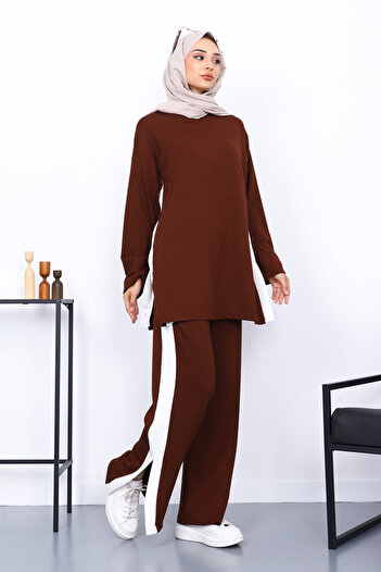 İmajButik Brown Color Block Modal Tunic Trouser Suit