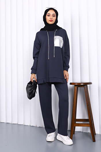 İmajButik Anthracite Collar Lace-Up Modal Tunic Trouser Set
