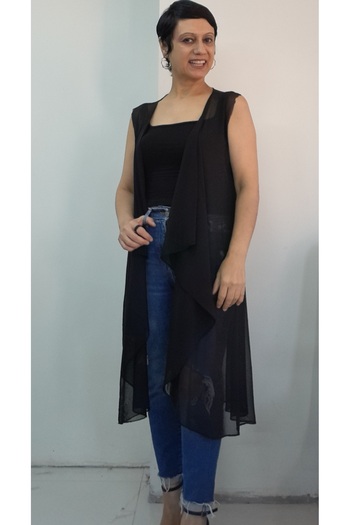 Mertcan Butik Black Draped Front Loose Sleeveless Tulle Vest