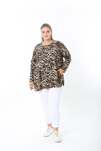 XL Modam Wool Viscose Patterned Lycra Women's Plus Size Tunic
