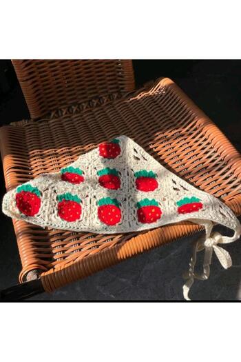 REBORN DESIGN Bohemian Knitted Strawberry Figured White Color Cotton Bandana Scarf
