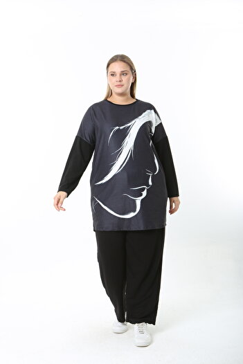 XL Modam Wool Viscose Patterned Lycra Women's Plus Size Tunic