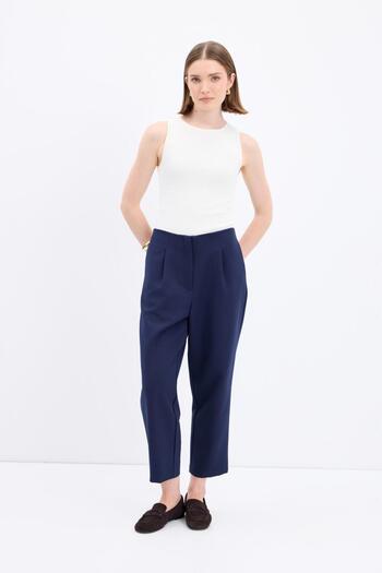 KADRİYE BAŞTÜRK High Waist Straight Cut Crepe Trousers Navy Blue