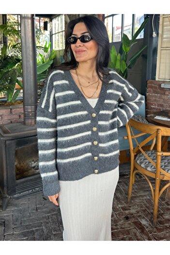My Blog Anthracite-Ecru Soft Cardigan with Horizontal Stripes - 4584