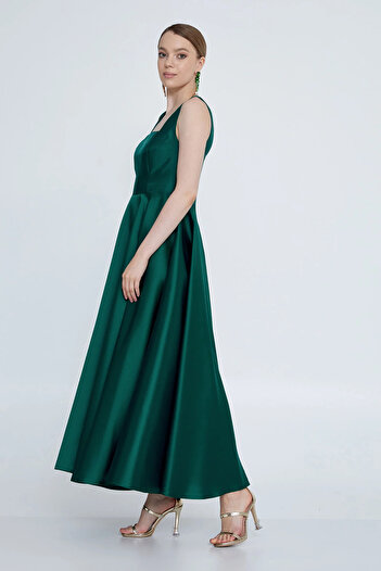 DORİDORCA Women's Square Neck Thick Strap Ankle Length Satin Evening Dress 6098 Green