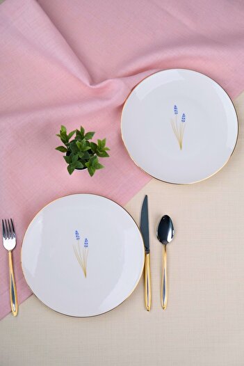 tabakevi Tabak Evi Porselen Natura Lavanta Altın Yaldız Pasta Tabağı 20,50cm 2 li