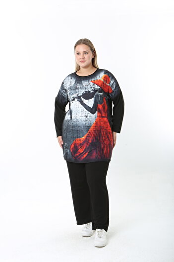 XL Modam Wool Viscose Patterned Lycra Women's Plus Size Tunic