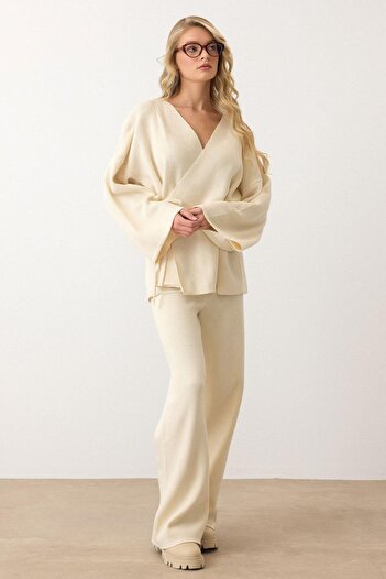 Olcay Lace-Up Kimono Pants Knitwear Set Ecru 9364-Tk