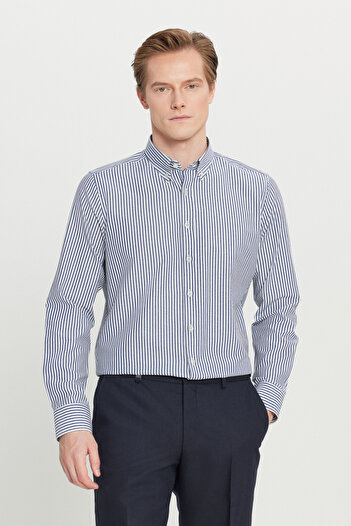 AC&Co / Altınyıldız Classics Men's White-Anthracite Cotton Tailored Slim Fit Button-Down Classic Collar Striped Shirt