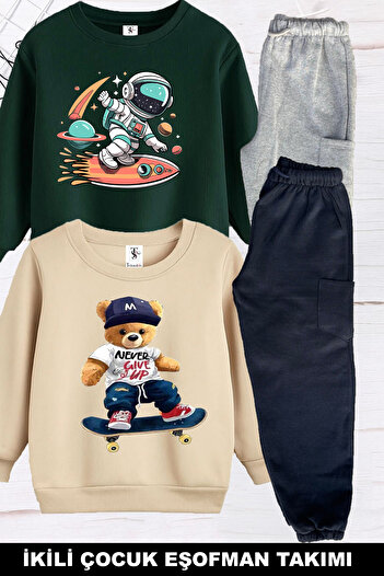 twins tailors Astronaut and Teddy Bear Printed 2-Piece Pack Unisex Green-Beige Children's Tracksuit Set with Inner Lining