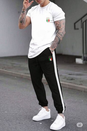NO 601 Men's White Oval Slim Fit Tight T-Shirt Black Side White Tight Tracksuit Bottom Itali Printed Set