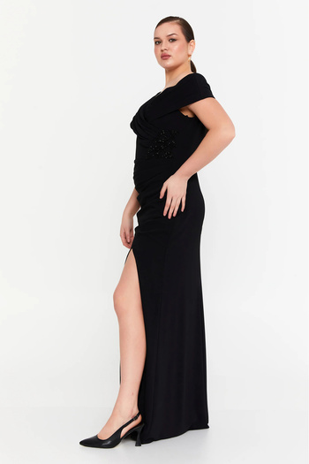 DORİDORCA Women's Deep Slit Long Evening Dress 5927010 Black