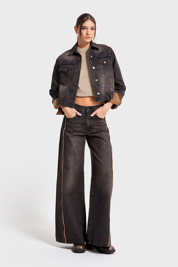 its basic Women's T.Kot Color 2W5-62 Straight Fit Sleeves with Suede Fabric Detail Buttoned Front Denim Design Jacket