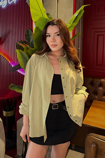 Ladima Women's Ada Çay Yeşil Oversize Basic Pocket Detailed Poplin Long Sleeve Shirt