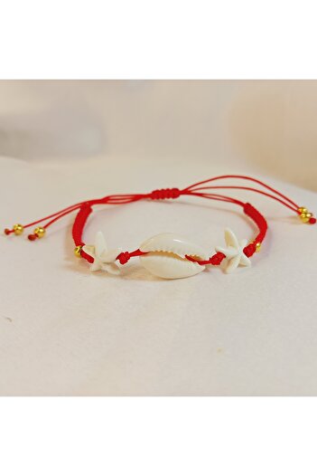 Crystal Atelier Red String Macrame Bracelet with Sea Shells and Starfish – Women's Adjustable Summer Lucky Bracelet