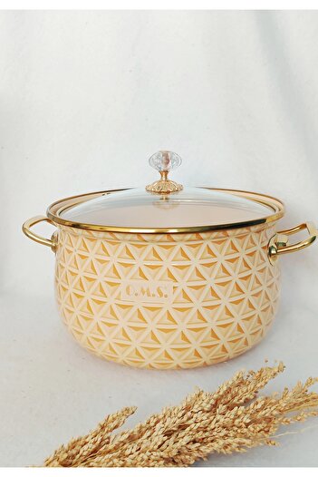 EBRULİEMAYE Yellow Embossed Enamel Lux Pot 5 Liters 24 cm Milk Yogurt Casserole Pot