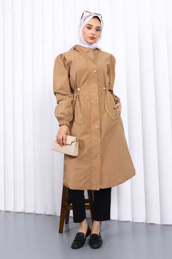 İmajButik Mink Trench Coat with Snap Buttons and Elastic Waist