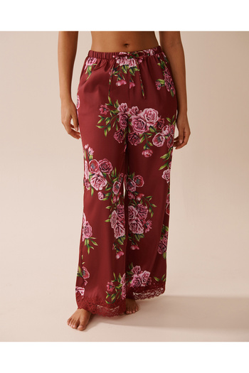 La Vie en Rose Rose Print Satin and Lace Trim Pants