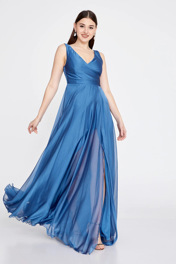 DORİDORCA Women's Deep Slit Thick Strap Evening Dress 5924055 Indigo