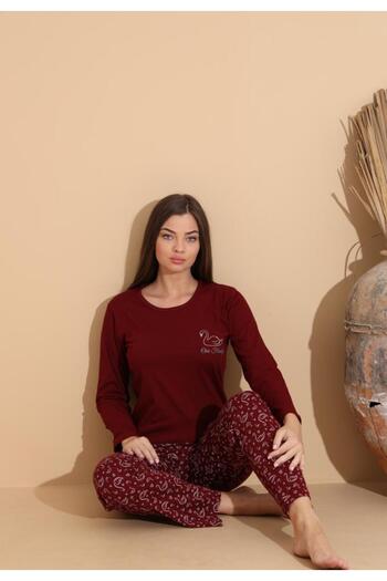 Serena Women's burgundy pajamas, 'Our Family' blouse and flamingo print pants – 100% cotton