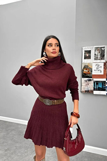 My Blog Dark Burgundy Pleated Skirt High Neck Sweater Set - 7777