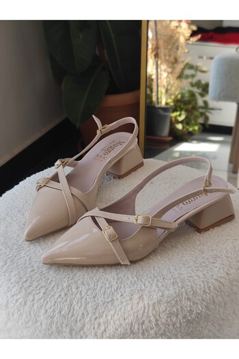 MUGGO Lumina Pointed Toe Open Back Belt Detailed Two-Strap Women's Low Heel Shoes