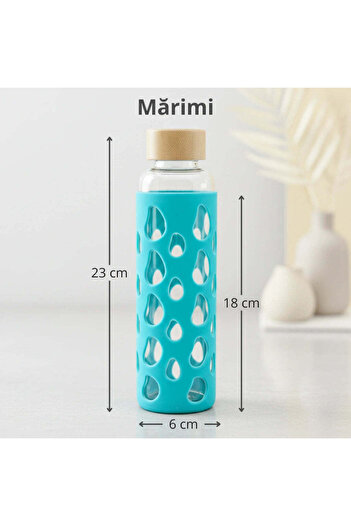 Köken 550ml borosilicate glass bottle, bamboo lid, silicone cover, cold/hot resistant, 23x6 cm, Turquoise