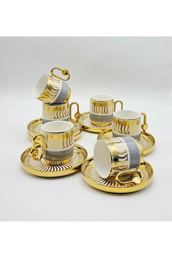 Bycomo By Como Lux Grey-Gold Vintage Porcelain Coffee Cup 12 Pieces & for 6 People
