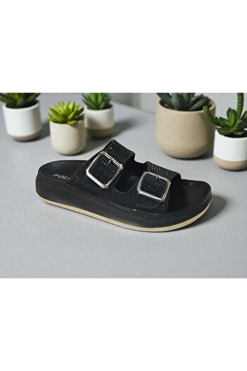 Polero Women's Poly Sole Double Buckle Stone Detail Orthopedic Comfortable Slippers