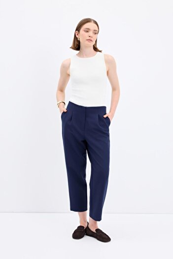 KADRİYE BAŞTÜRK High Waist Straight Cut Crepe Trousers Navy Blue