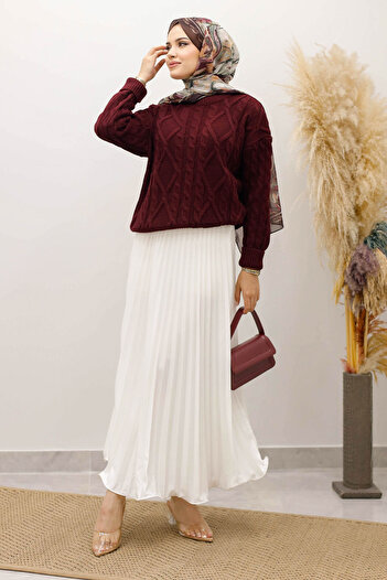 Tesettür Dünyası Knitted Patterned Sweater Tsd250222 Claret Red