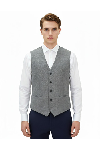 MENTOR REGALO Men's Vest V-Neck Gray Mini Square Patterned Regular Fit