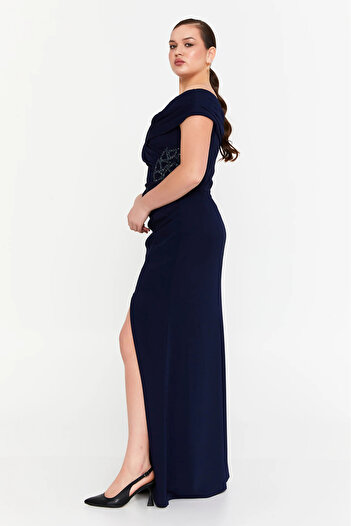 DORİDORCA Women's Deep Slit Long Evening Dress 5927010 Navy Blue