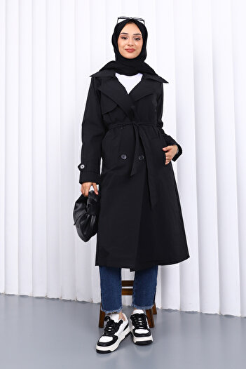 İmajButik Black Double Breasted Collar Trench Coat