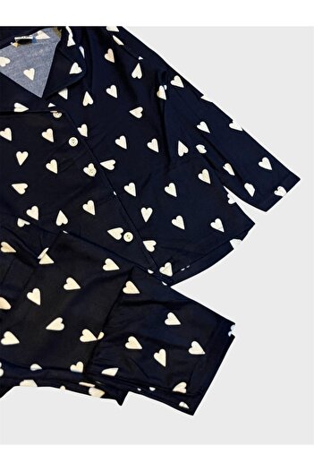 tusem butik homewear Set de pijamale pentru fete din bumbac din piele intoarsa, albastru bleumarin, cu model de inimioare, cu maneca lunga, cu guler, cu nasturi