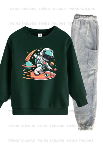 twins tailors Astronaut and Teddy Bear Printed 2-Piece Pack Unisex Green-Beige Children's Tracksuit Set with Inner Lining
