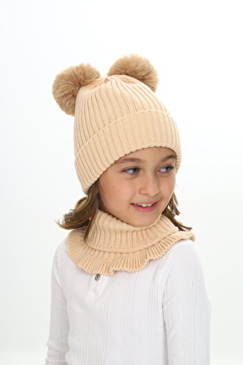 Sevimli Girl's Beret Neck Collar Suit with Double Pompom 4-10 Years Old