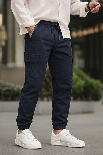 DAMGA JEANS Men's Elastic Cargo Pocket Navy Jogger Pants