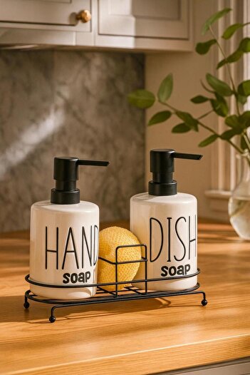 ENYAZA(2024) 2'li Metal Stantlı ve Süngerli Sıvı Sabunluk Mutfak ve Banyo Seti, Hand and Dish Fenomen Set 500 ML