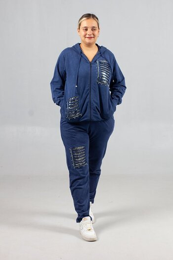 Truva XXL Plus Size Ripped Detailed 95% Cotton 5% Lycra Hooded Tracksuit Set